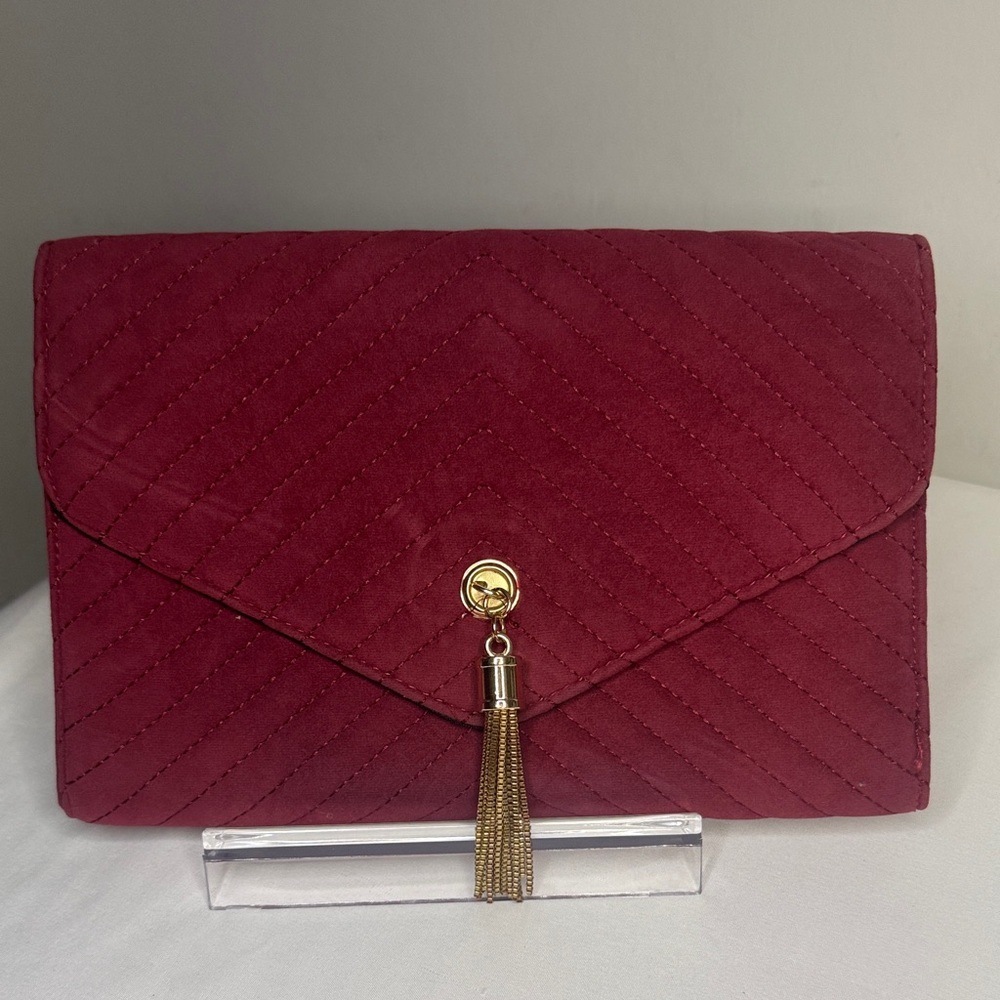 Burgundy Quilted Clutch with Gold Tassel
